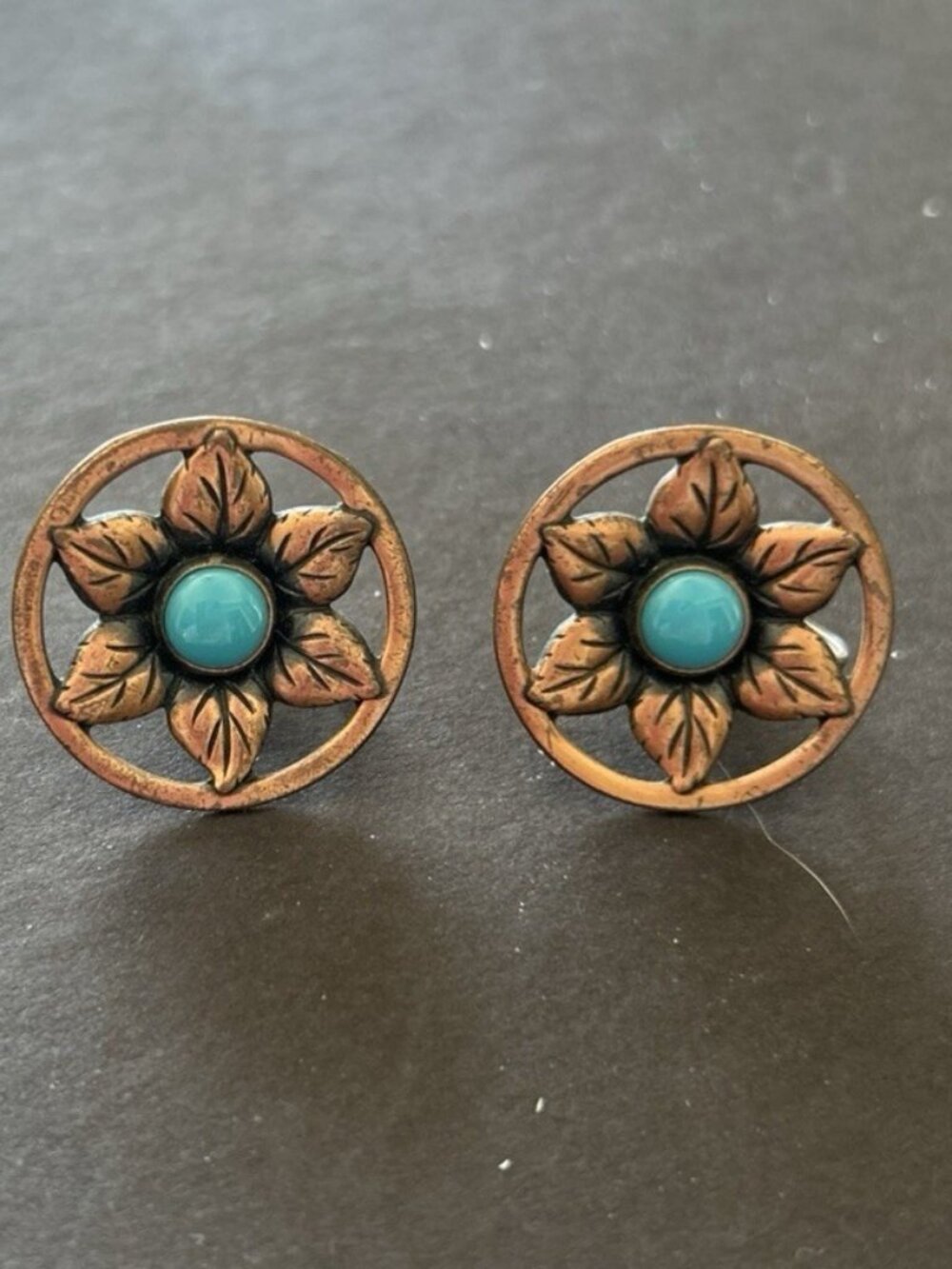 Copper And Turquoise Screw Back Vintage Earrings Flower Shape